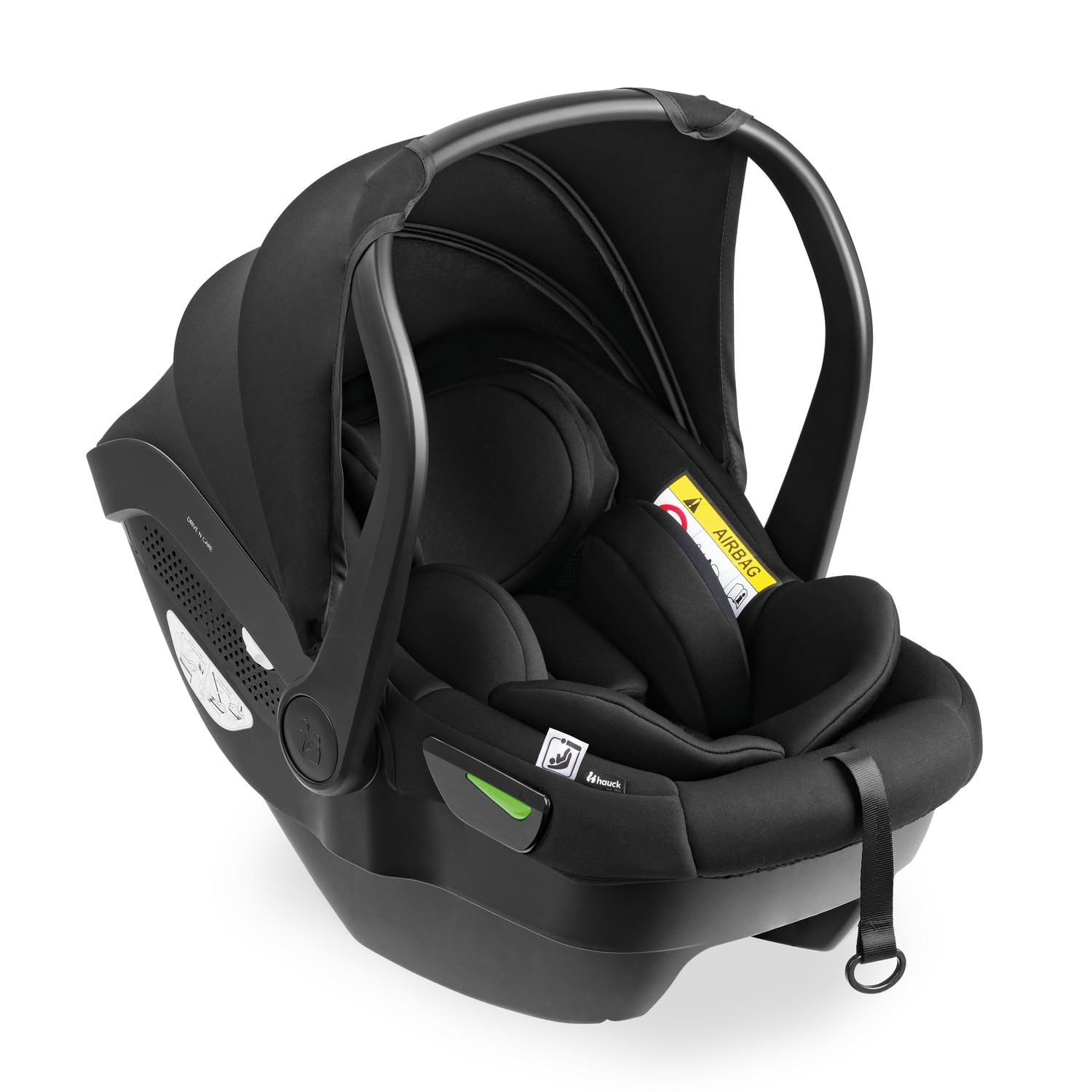 hauck Drive N Care, Schwarz - i-Size Babyschale ab Geburt für Babys mit Körpergröße von 40-87 cm inkl. Sitzverkleinerer & Sitzkeil, 3 Punkt Gurt & Kopfstüzte Höhenverstellbar
