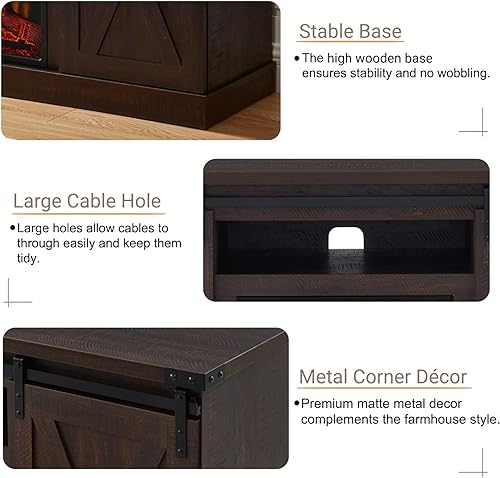 Miniatura 4 de EDYO LIVING Soporte de TV con chimenea de granja para TV de 60 pulgadas, puerta corrediza de granero, chimenea eléctrica, centro de entretenimiento