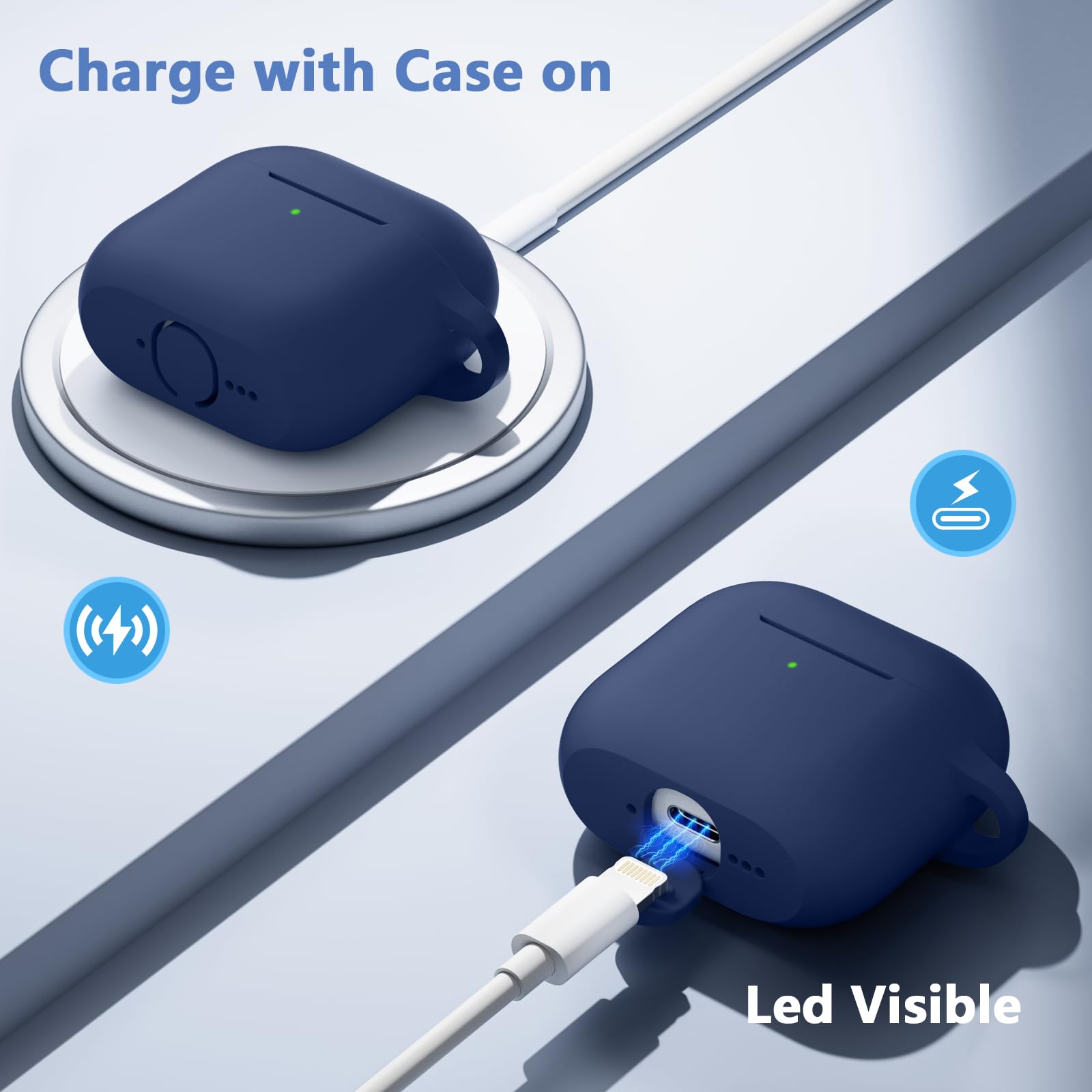 Maledan Hülle Kompatibel mit AirPods 4 Hülle Case 2024, Weich Silikon Ganzkörper-Schutzhülle für Apple AirPods 4 Generation Hülle mit Reinigungskit & Schlüsselanhänger [LED Sichtbar], Marineblau
