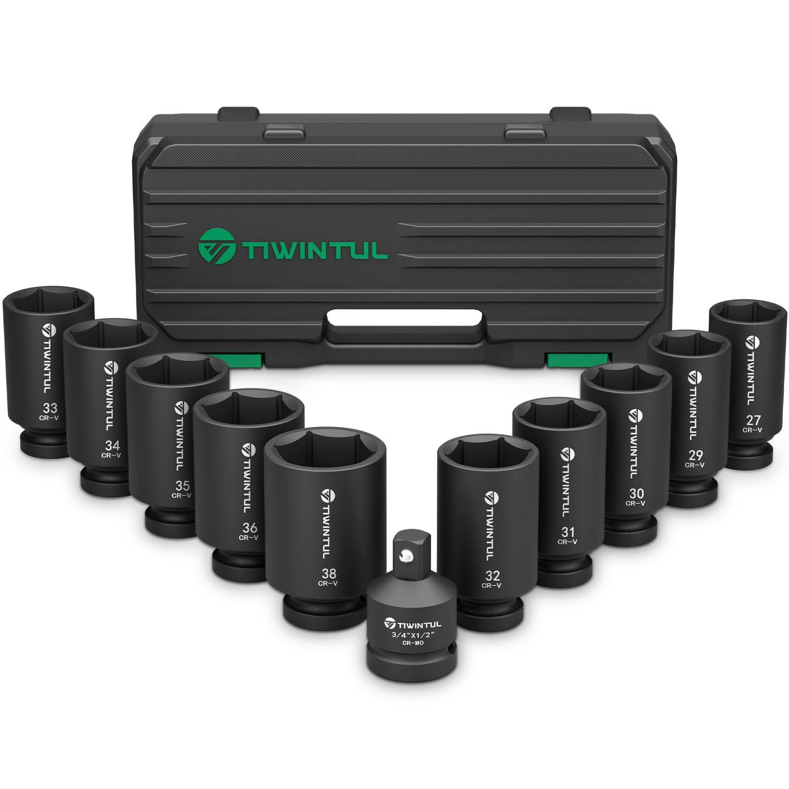 TIWINTUL 11-Piece Axle Nut Socket Set, Metric 1/2 Impact Socket Set 27mm-38mm, CR-MO 3/4"-1/2" Adapter, 6-Point Deep Socket Set for Installing and Removing Axle Nuts, with Portable Storage Case