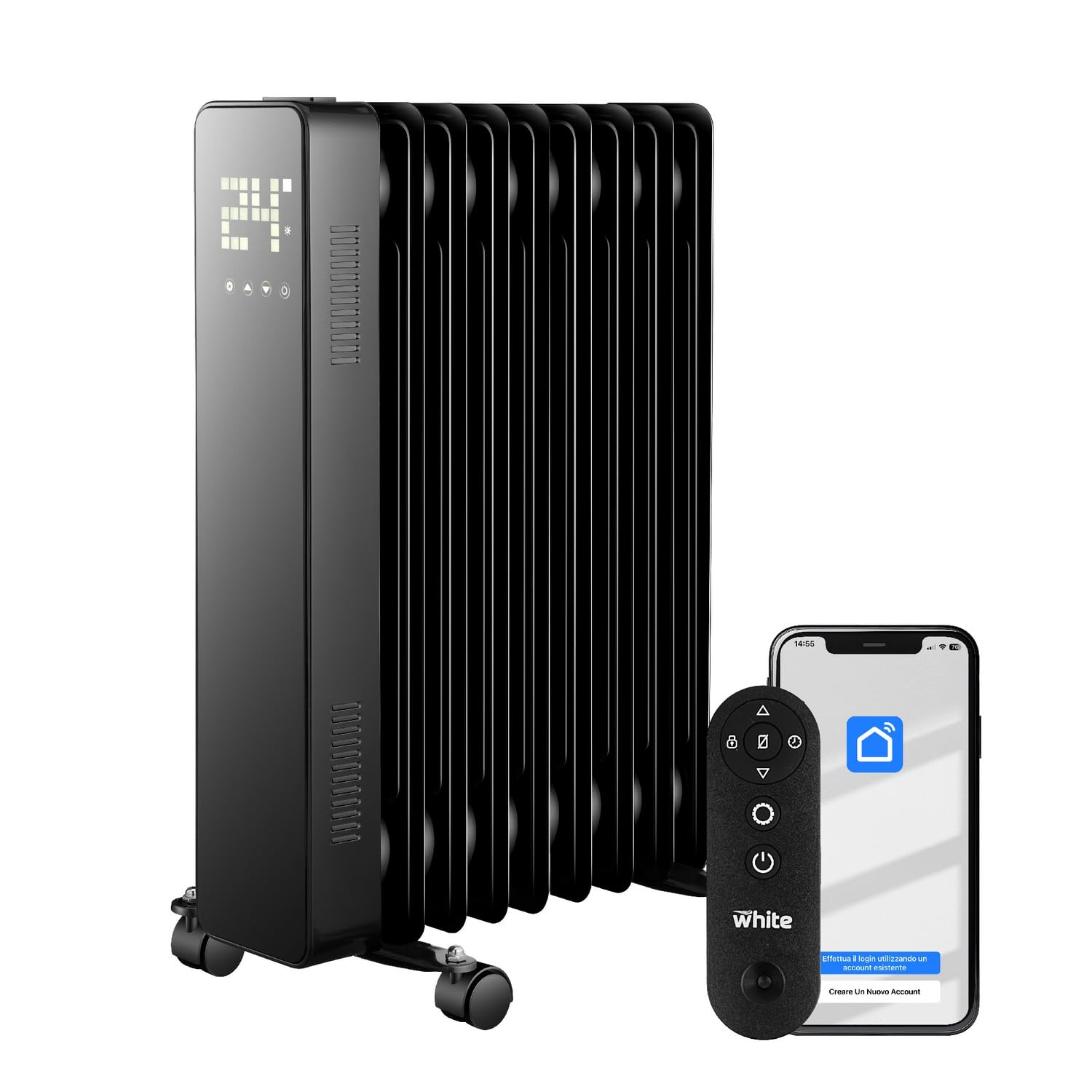 White - Radiatore Elettrico Ad Olio 9 Elementi. Stufa Elettrica A 220v. Telecomando Incluso, Funzione Touch. Display Led Luminoso. Calorifero Elettrico Con Ruote