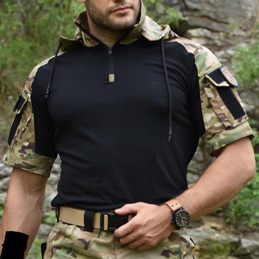 Męska wojskowa koszulka taktyczna z krótkim rękawem, zamek błyskawiczny 1/4 z przodu, top outdoorowy, koszulka sportowa na co dzień, topy z kapturem