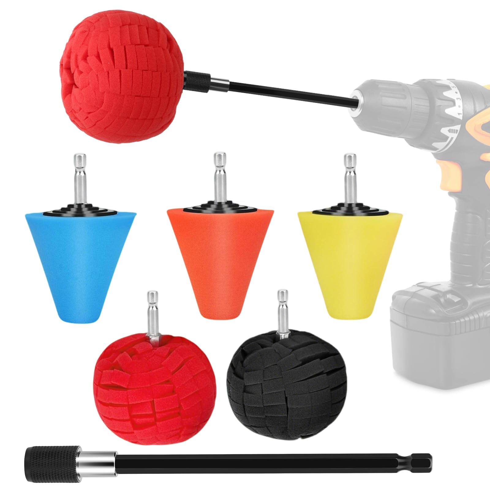 Amfuujoy 6PCS Drill Polishing Pads Kit – Polishing Foam Cone & Ball with Extension Holder, 1/4" Hex Drill Attachment, Drill Buffing Tool for Car Wheels, Hubs, Rims & Metal