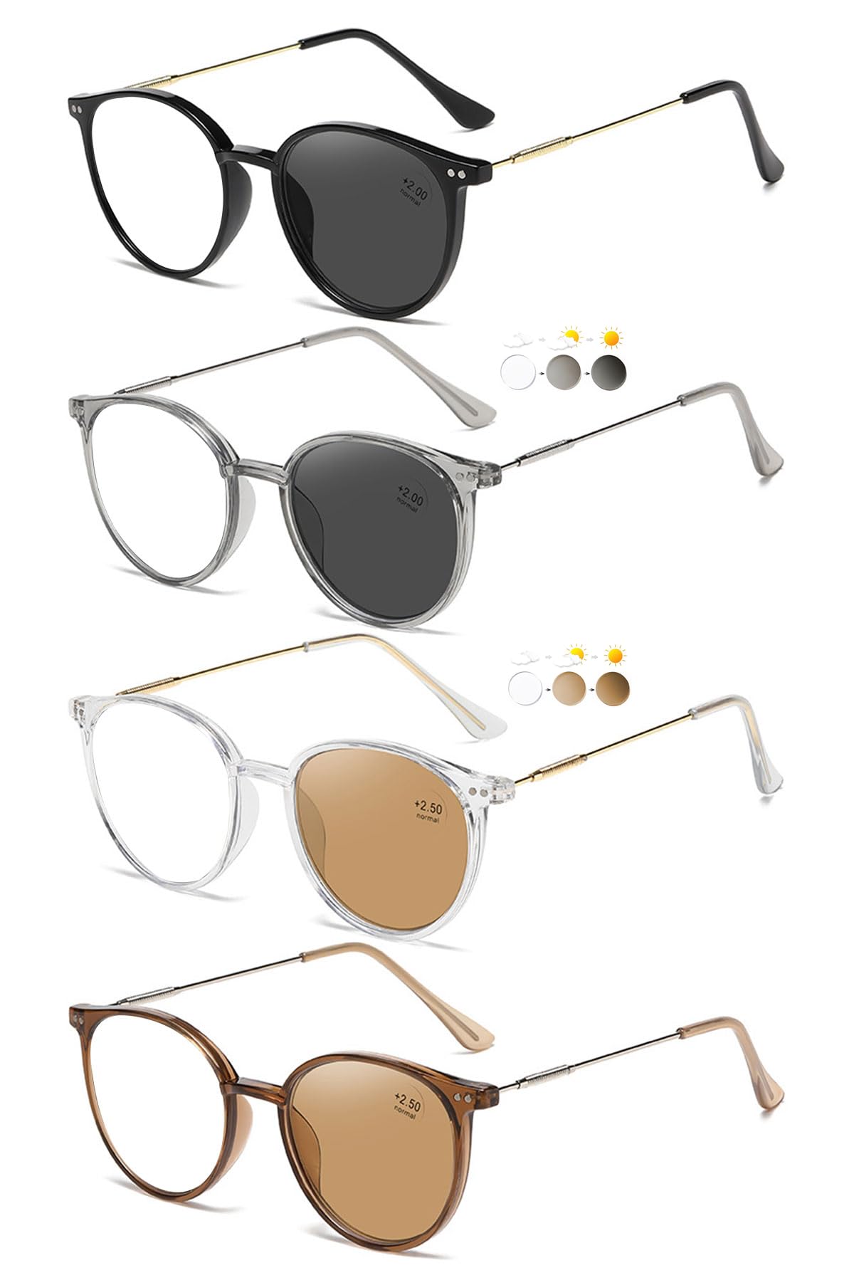 KOOSUFA Runde Selbsttönende Lesebrille Photochrome Damen Herren Anti-Blaulicht Lesebrillen Metallbügel mit UV-Schutz Sonnenlesebrille Lesehilfe 0.0 1.0 1.5 2.0 2.5 3.0 3.5 4.0