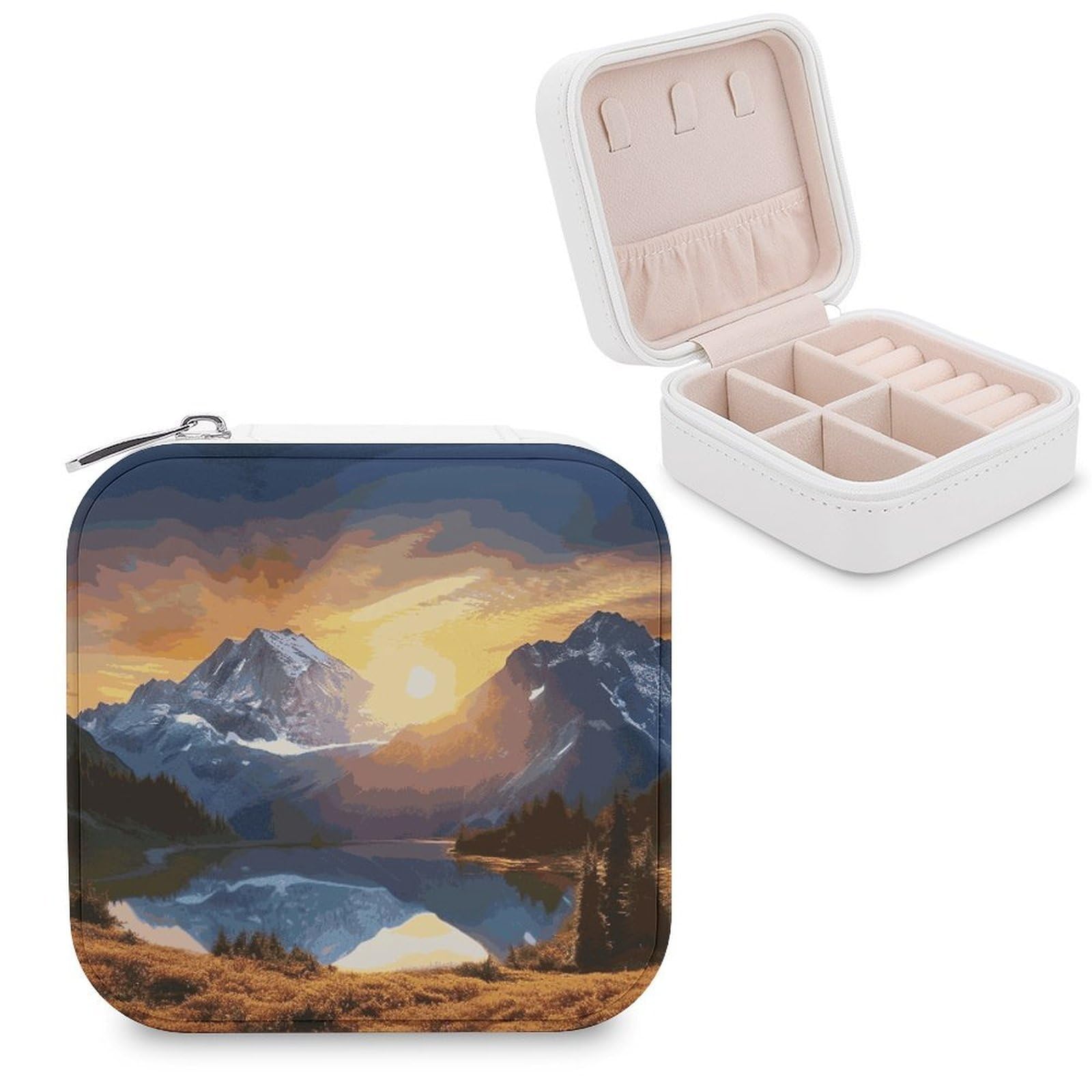 JTREHY Travel Mountain Sunrise Jewelry Case Portable Display Storage Box PU Leather Mini Jewelry Travel Case Personalized Travel Jewelry Organizer Small Jewelry Box for Women