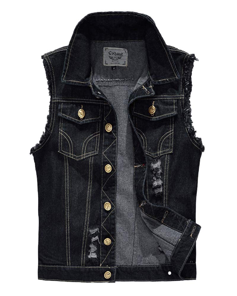 Mens Ripped Denim Vest, Cowboy Waistcoat, Sleeveless Jacket, Vintage Black S