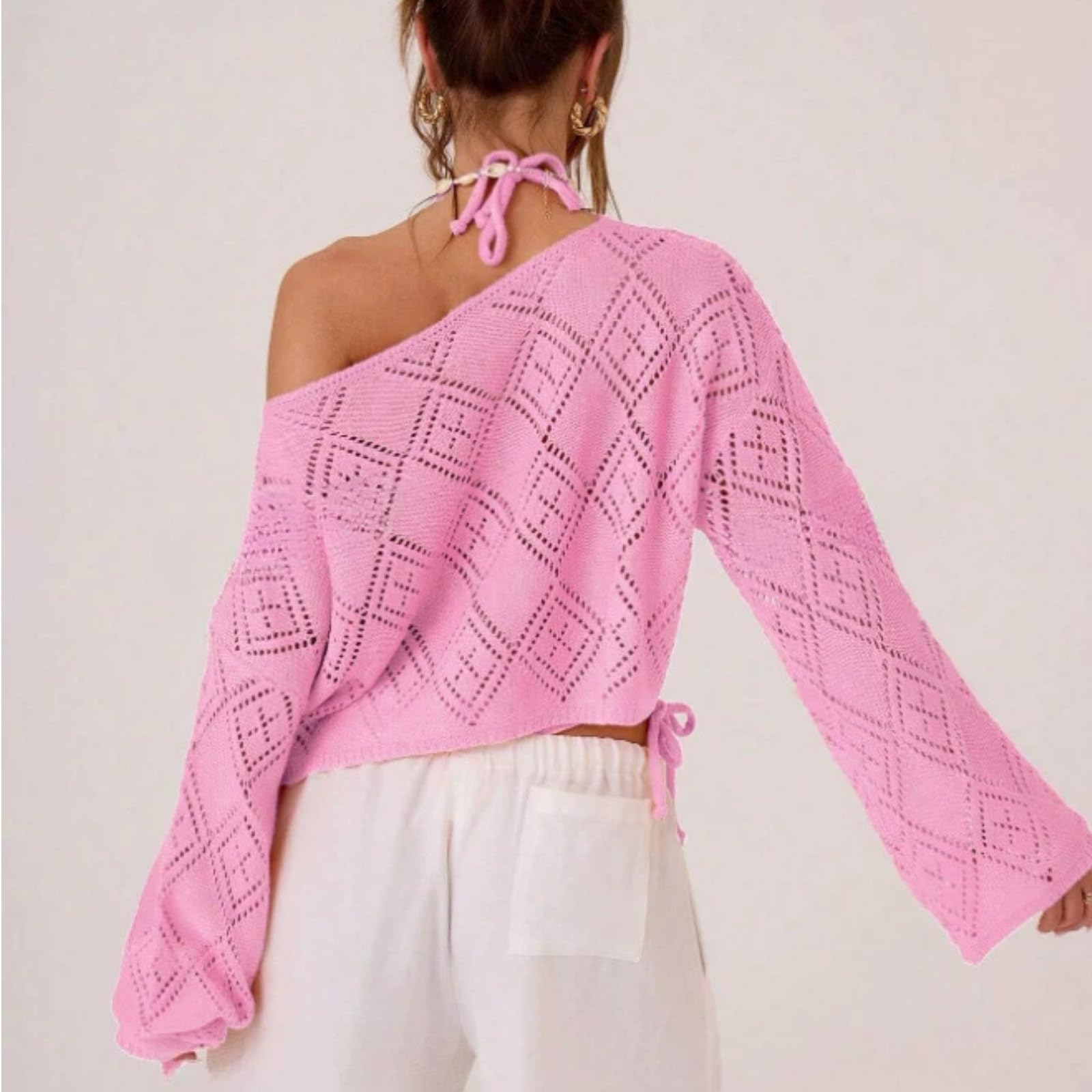 Top Crop tricoté décolleté, Pull Manches Longues ajouré