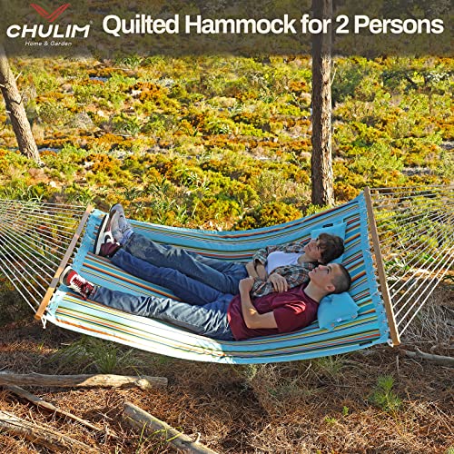 Image of CHULIM 12 FT Double Quilted Fabric Hammock with Spreader Bars and Pillow 450 LBS Weight Capacity 2 Person Hammock for Outdoor Patio Backyard Poolside Blue Stripes