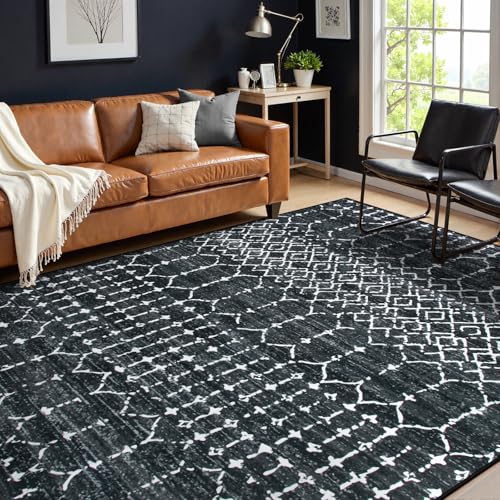 Lahome Moroccan Black 9x12 Rug for Living Room, Washable Non-Slip