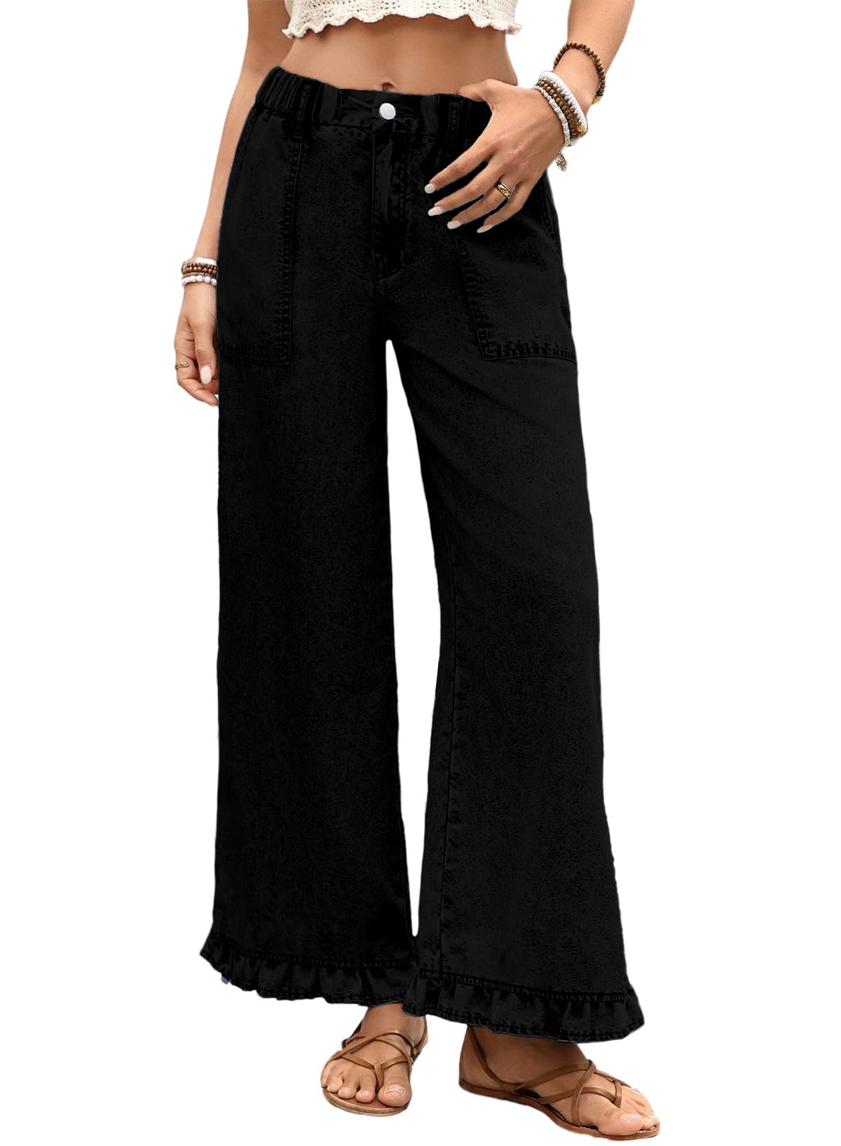 Photo 1 of Astylish Womens Wide Leg Jeans High Waisted Stretchy Straight Leg Ankle Jeans Baggy Ruffle Hem Summer 2026 Boho Denim Pants Black Size 10