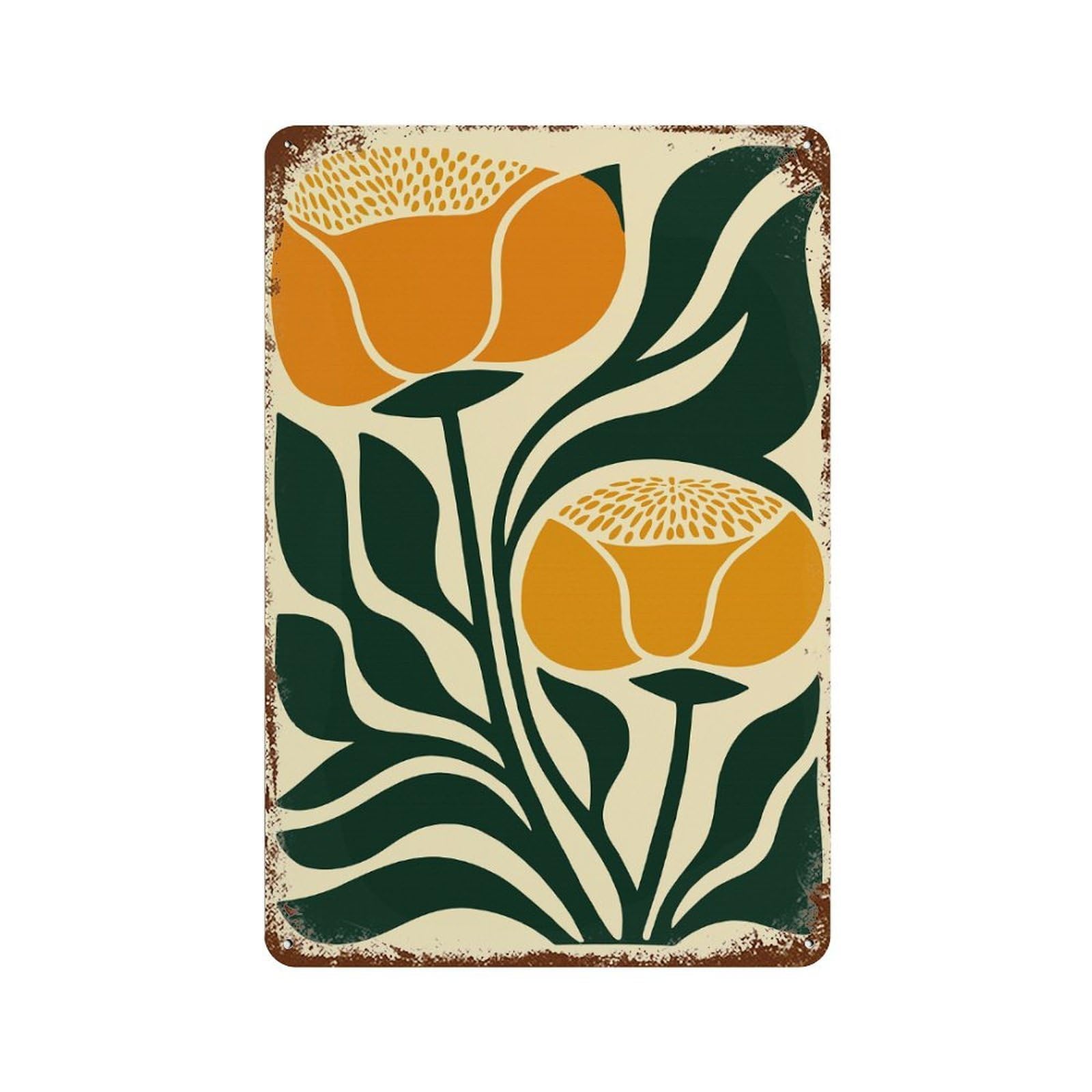 Floral Mid Century Orange Flowers Vintage Metal Tin Sign 11.8"x7.9", Rustic Home Decor for Garage, Bar And Workshop Decor