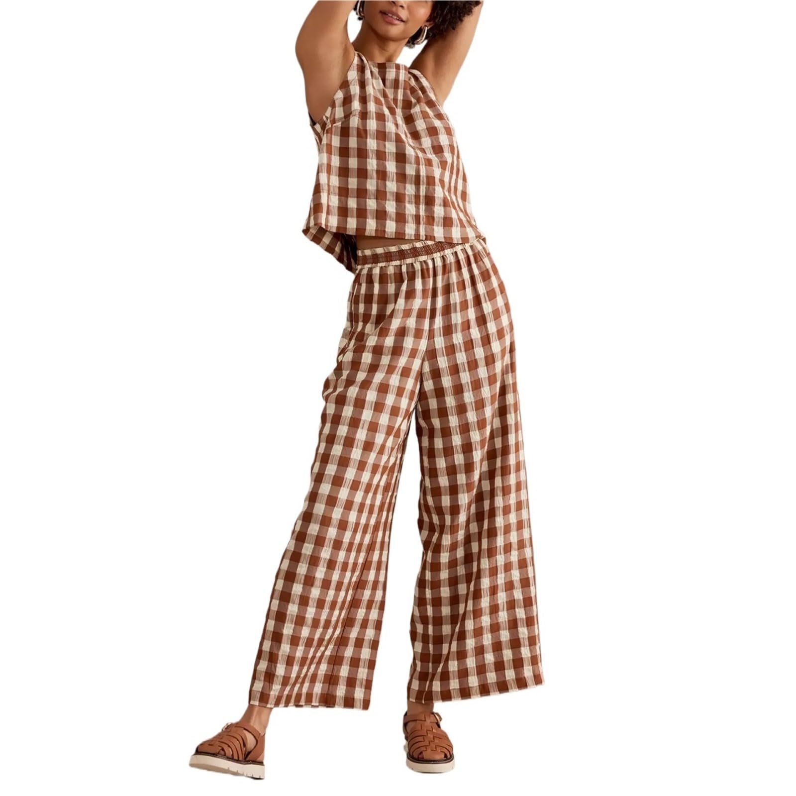 2 Teiler Damen Sommer 2-teilige Lounge-Hosen-Sets for Damen, kariertes Print-Outfit, ärmelloses Tanktop, Baggy-Hosenanzüge mit weitem Bein