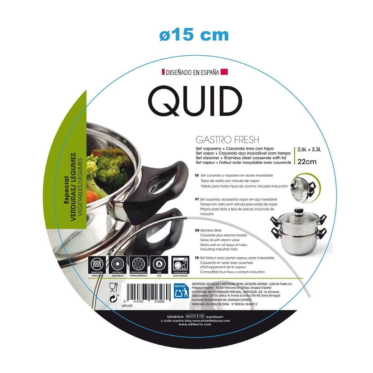 Quid 5759386-Vaporiera Pentola 22 cm con coperchio Inox Quid, in acciaio, dimensioni: 30 x 21 x 16 cm