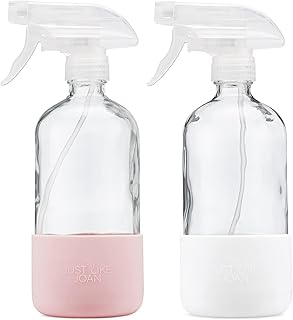 Just Like Joan Glass Spray Bottles 16 oz with Silicone Sleeve - Clear Glass Spray Bottles for Cleaning Solutions, Essentia...