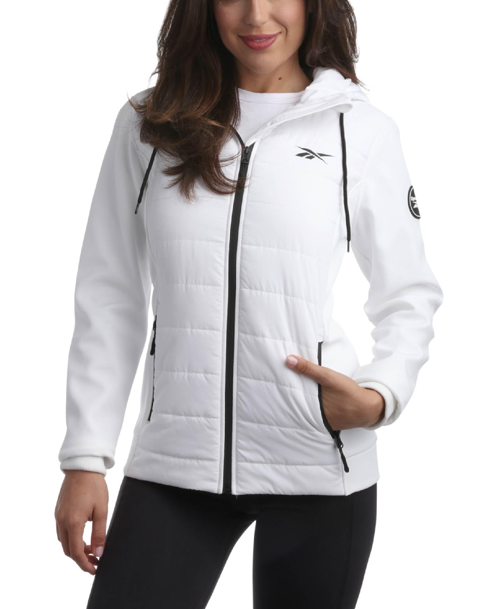 Reebok Womens Jacket - Lightweight Softshell Quilted Jackets for Women Zip Up Hooded Winter Coat Outerwear with Pockets, White, XL
