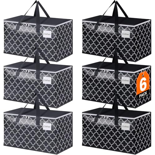 Extra Large Moving Bags, Heavy-Duty Storage Totes with Zipper Top and Sturdy Handles, Moving Supplies for Space Saving and Packing, Collapsible Storage Bags, Black & Gray, 88L, 6-Pack