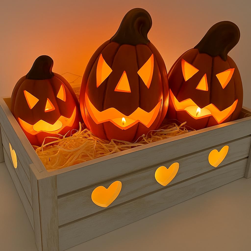 3er Set Halloween Kürbisse aus Terrakotta – Handbemalte Kürbis Deko mit Gesichtern – Herbstdeko für innen & außen, Tischdeko & Gartendeko für Herbst & Halloween