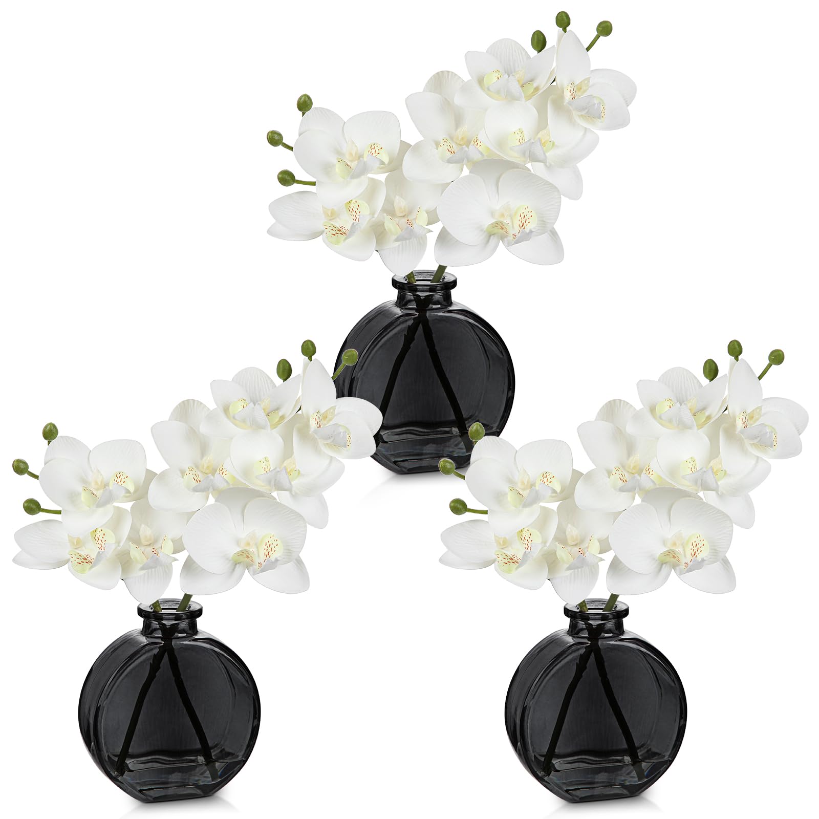 Hollyone 3pcs Artificial White Orchid Flower in Vase, Small Fake Orchid Plant with Glass Vase, Decorative Faux Phalaenopsis for Wedding, Centerpiece, Home Decor, Living Room, Bathroom Decorations