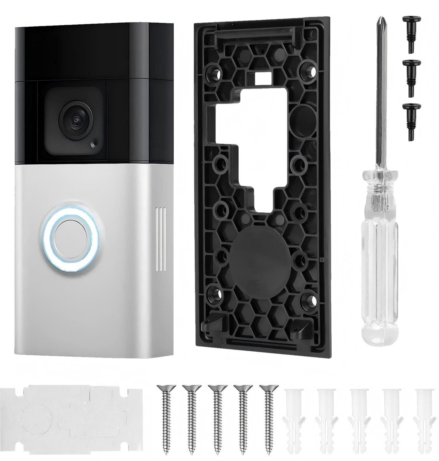 Fits Ring Doorbell Mount No-Drill, Compatible with Ring No-Drill Mount 2nd Gen 2020 Release, Strong Adhesive Backplate and Screw Fixings for Door Wall Apartment Home Office (Black)