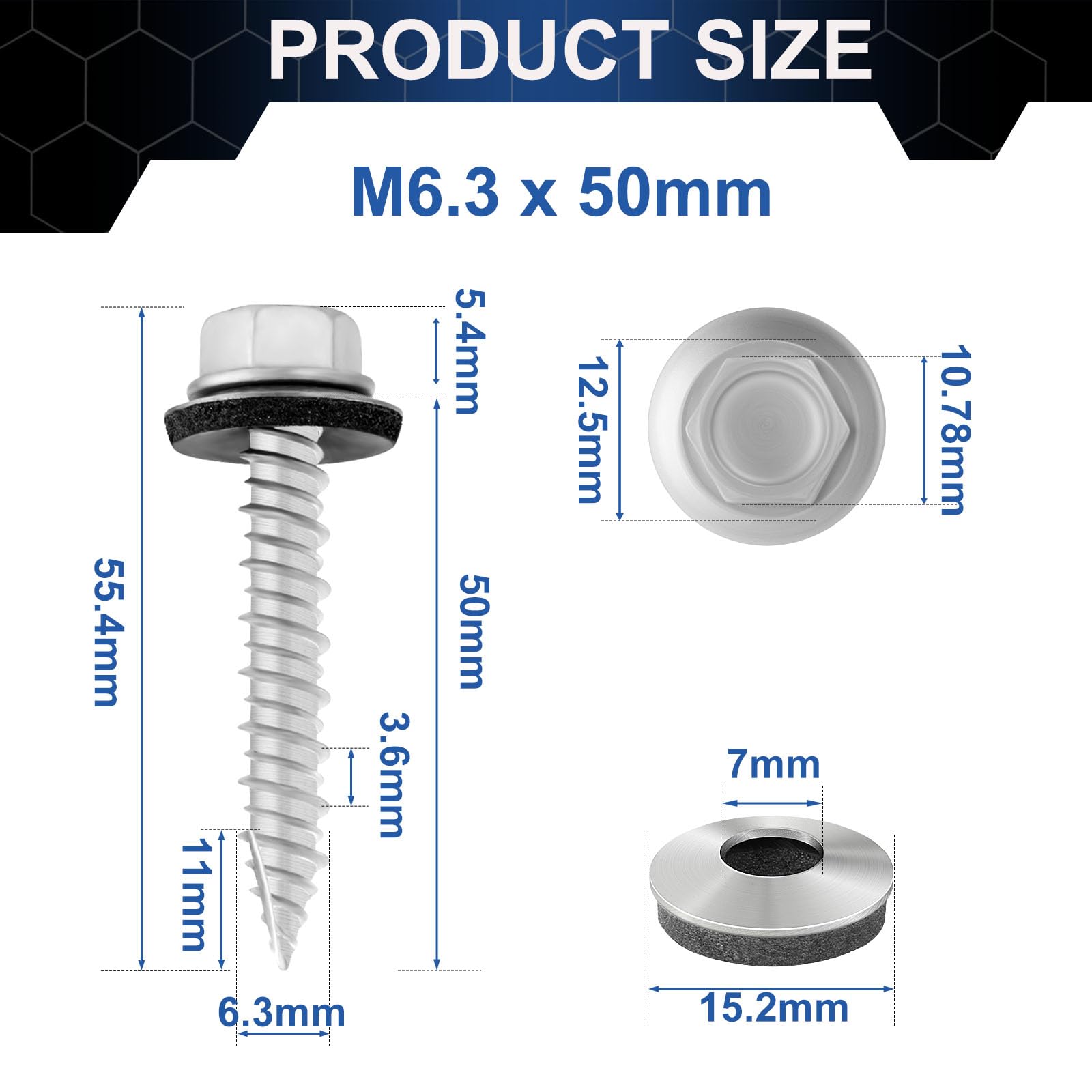 FandWay M6.3x50mm Self-Drilling Roofing Screws,80pcs Hex Head Sheet Metal Tek Screws,Rust Epoxy Coated Self Tapping Wood Siding Screw With EPDM Washer and Hex Drive for Corrugated Roofing - Image 3