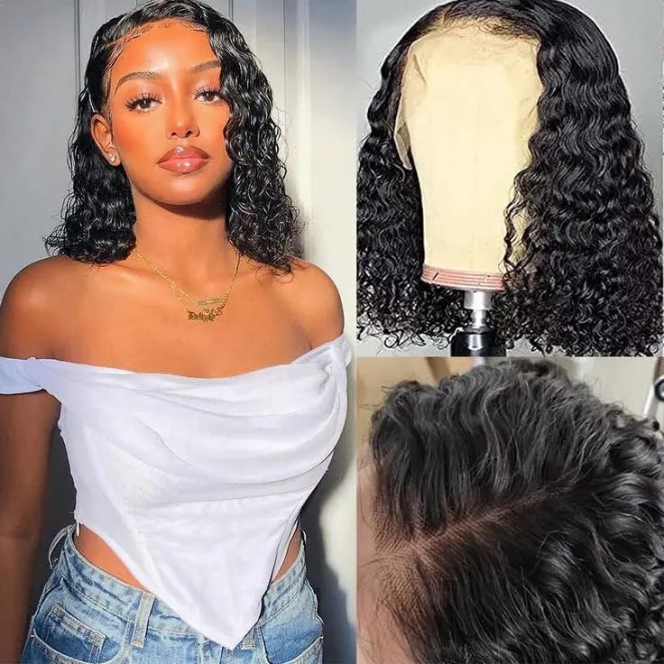 Sungirl Bob Wig Human Hair 13x4 Deep Wave Curly Lace Front Wigs Human Hair For Women Short Bob Wig Pre Plucked with Baby Hair Glueless Hair Curly Wigs Nature Hairline 180% Density 14 Inch