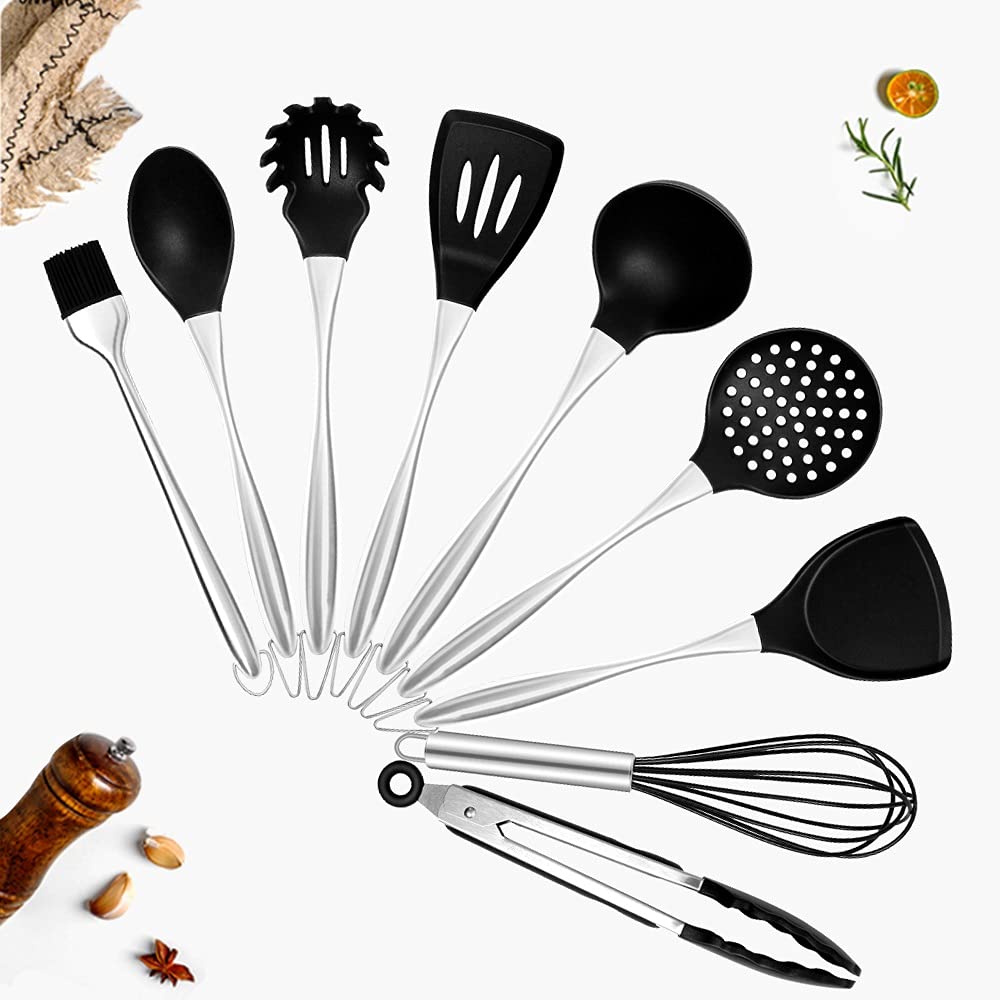SKUZA Küchenutensilien-Set, Silikon-Spachtel-Küchengeschirr-Set, Edelstahlgriff, Küchenwender, Kochutensilien, Utensilien, Backwerkzeug-Kit, Löffel (Color : 9pcs) (Color : 8pcsb)