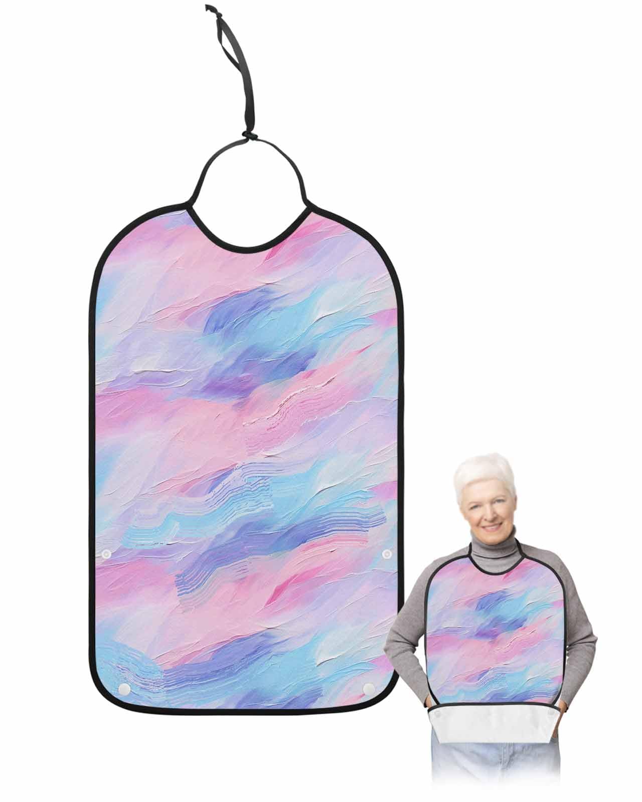 LEOKOTI Oil Painted Pink Blue Adult Bibs for Eating, Waterproof Bibs with Food Catcher & Adjustable Snap Closure, Modern Abstract Art Washable Clothing Protectors Adult Bibs for Elderly Women/Men