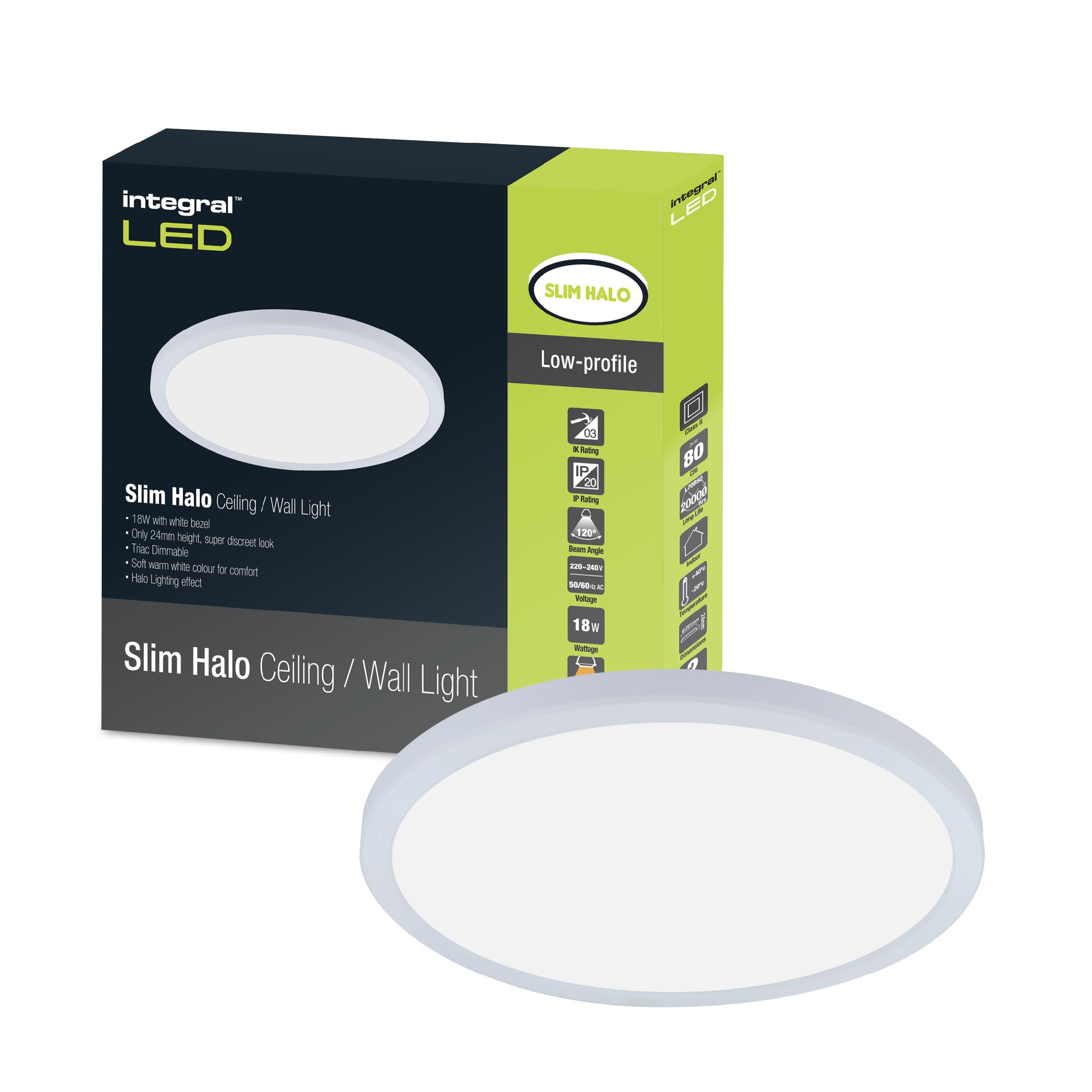 Integral LED 18W 1500LM Dimmable Halo Ceiling and Wall Light | 291mm Diameter | Modern Super-Slim Circular Design | White Bezel | Ideal for Bedroom, Kitchen, Living Room, Study and Corridor