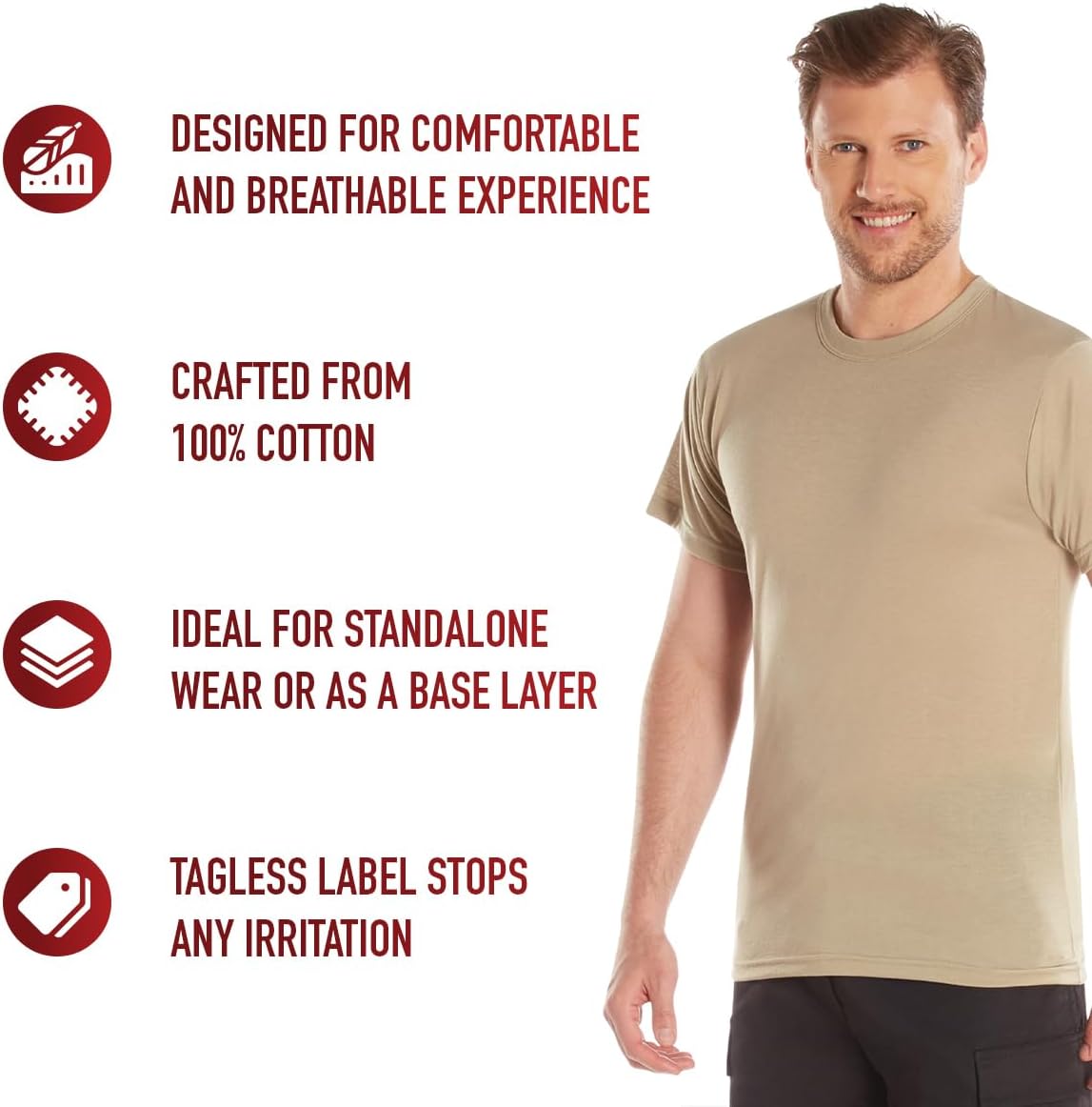 Rothco 100% Cotton T-Shirt – Standard Fit Crew Neck Base Layer Tee Shirt, Desert Sand, L - Image 5