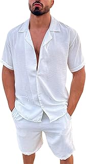Men 2 Pieces Linen Short Sleeve Sets Casual Button Down Baggy Shirt Beach Yoga Trousers Suit Summer Hippie Outfits A3