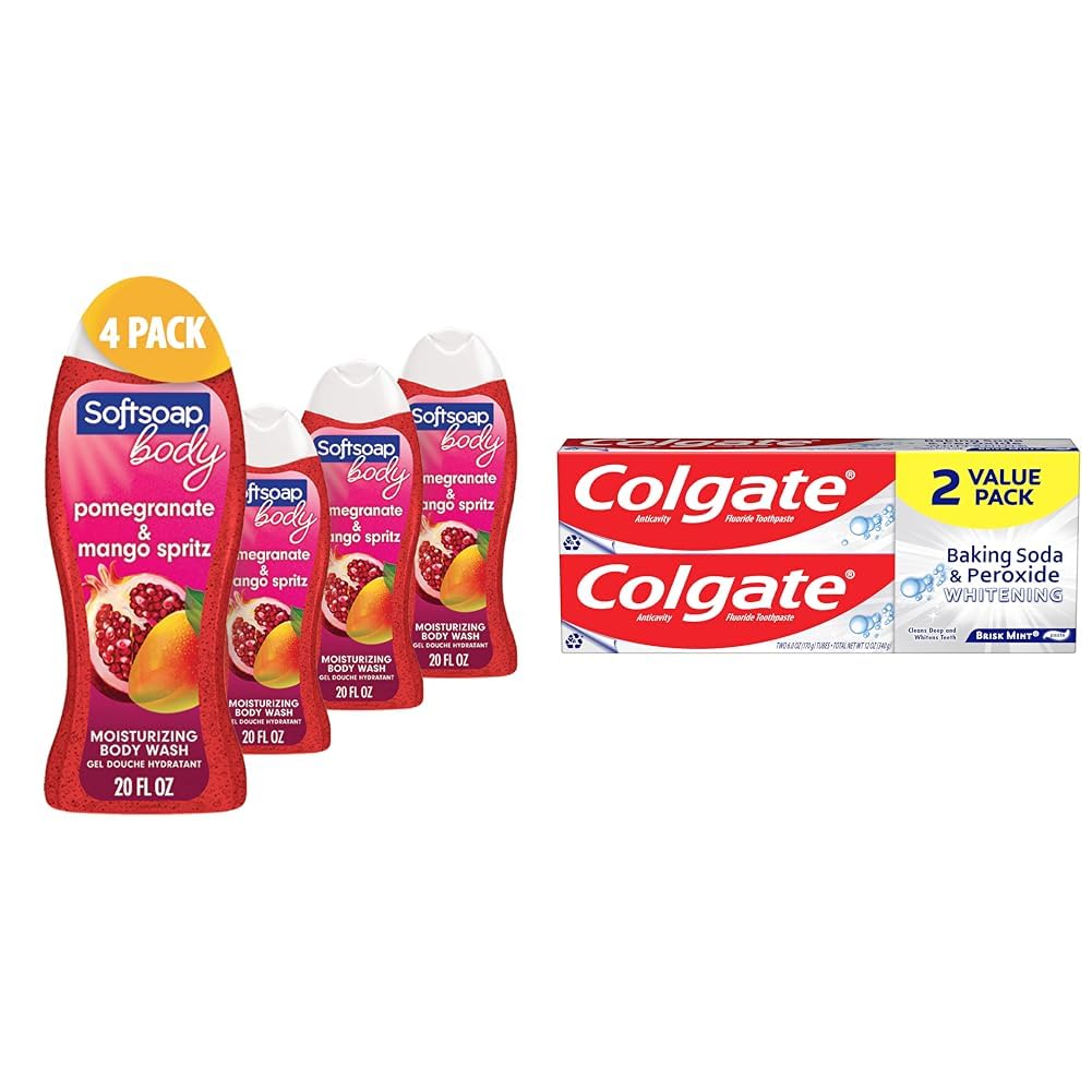 SoftsoapBody Wash, Pomegranate & Mango Spritz Body Wash, 20 Fl Oz & Colgate Baking Soda & Peroxide Toothpaste - Whitens Teeth, Fights Cavities & Removes Stains, Brisk Mint, 6 Oz, 2 Pack
