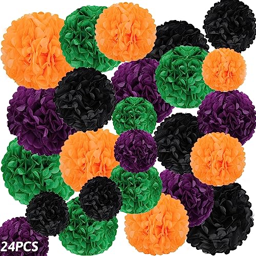 Bimkole 24 PCS Halloween Tissue Paper Pom Poms Flowers Orange Black Halloween Party Decorations, Hanging Décor Supplies for Birthday Wedding Halloween Indoor Outdoor Festive Party Decorations