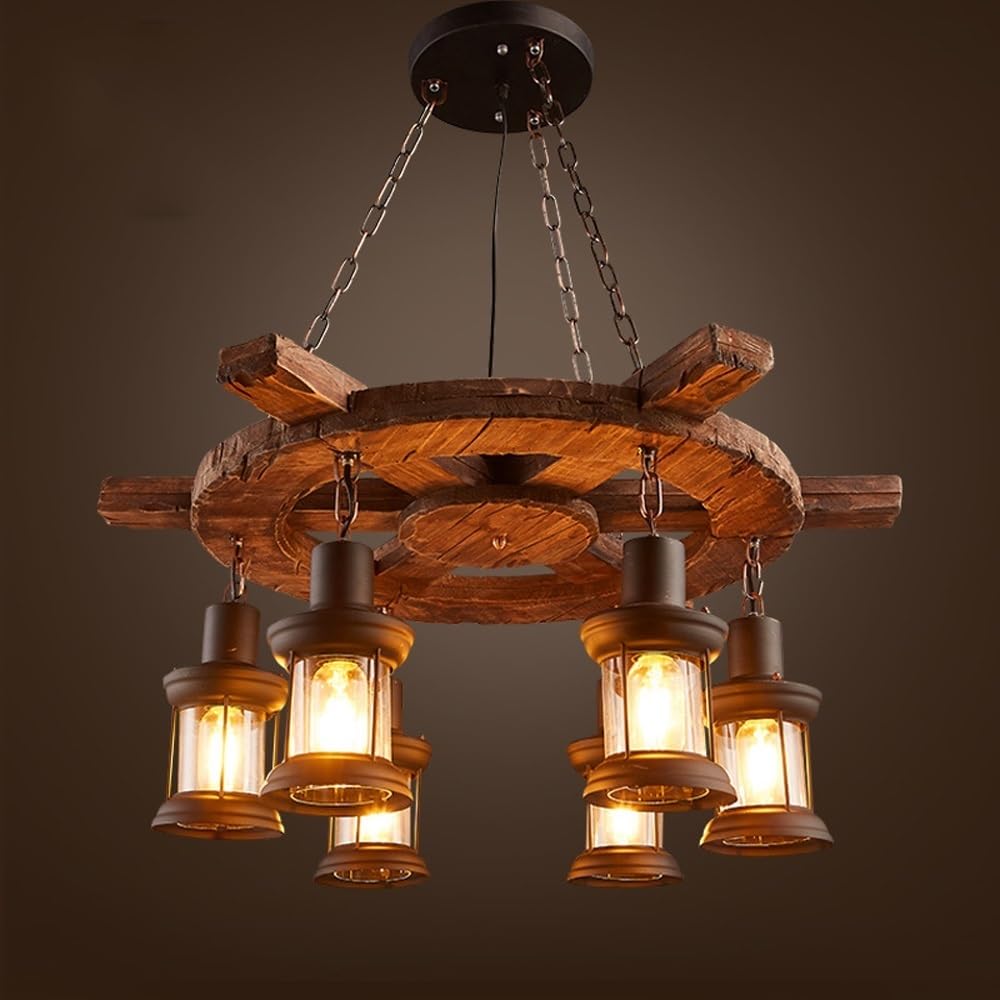 BLOOHK 6-Light Wood Wagon Wheel Chandelier, Rustic Lantern Pendant Light