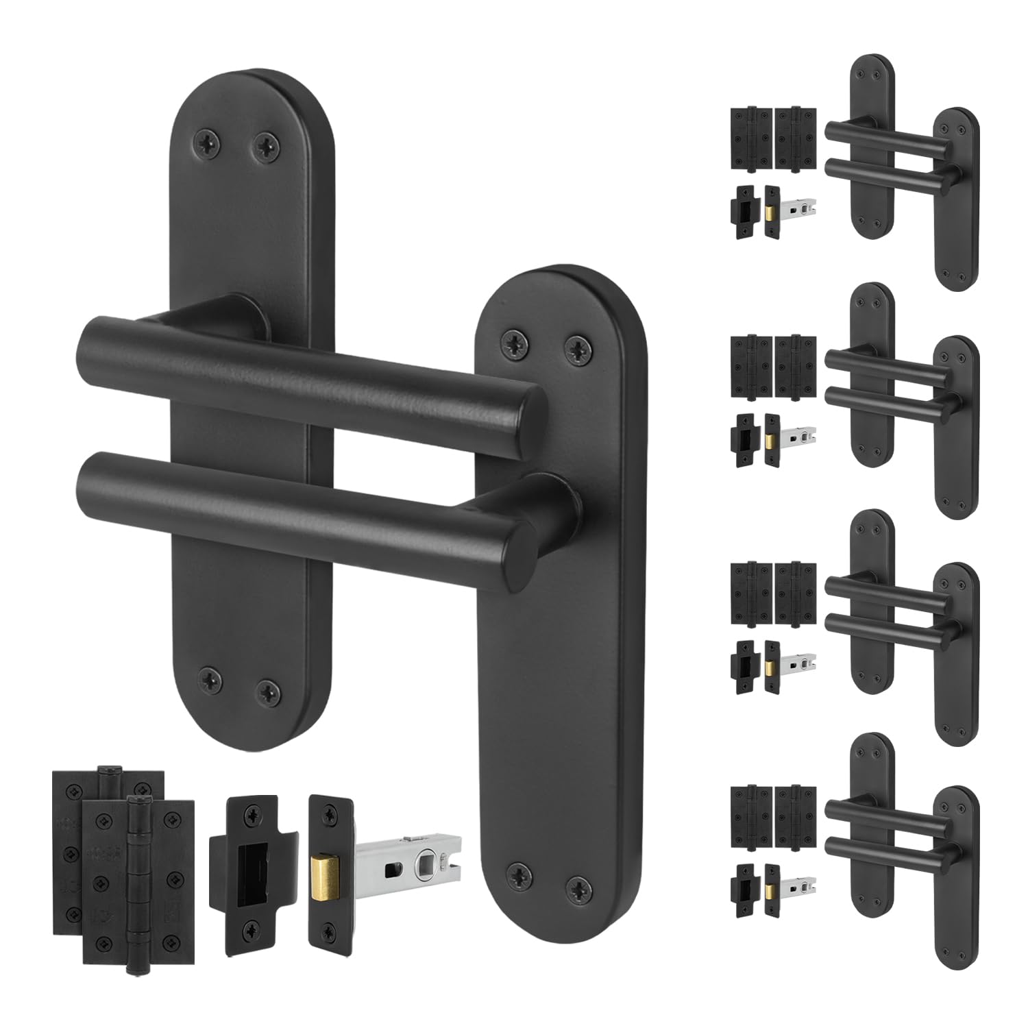 EAI Black Door Handle Latch Set, 5 Pair Matt Black Internal T-Bar Handles, Hinges (76mm) Latches (64mm) - Oliena
