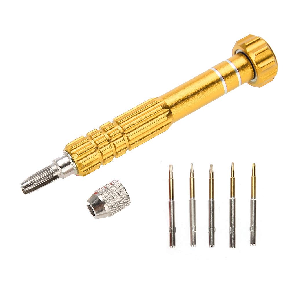 Juego de Destornilladores de Precisión, Destornillador de Acero al Cromo Vanadio con 5 Puntas, T5, T6, Cruce, Ranurado, Pentáculo para Anteojos, Gafas de Sol, Reloj, Teléfono(gold)