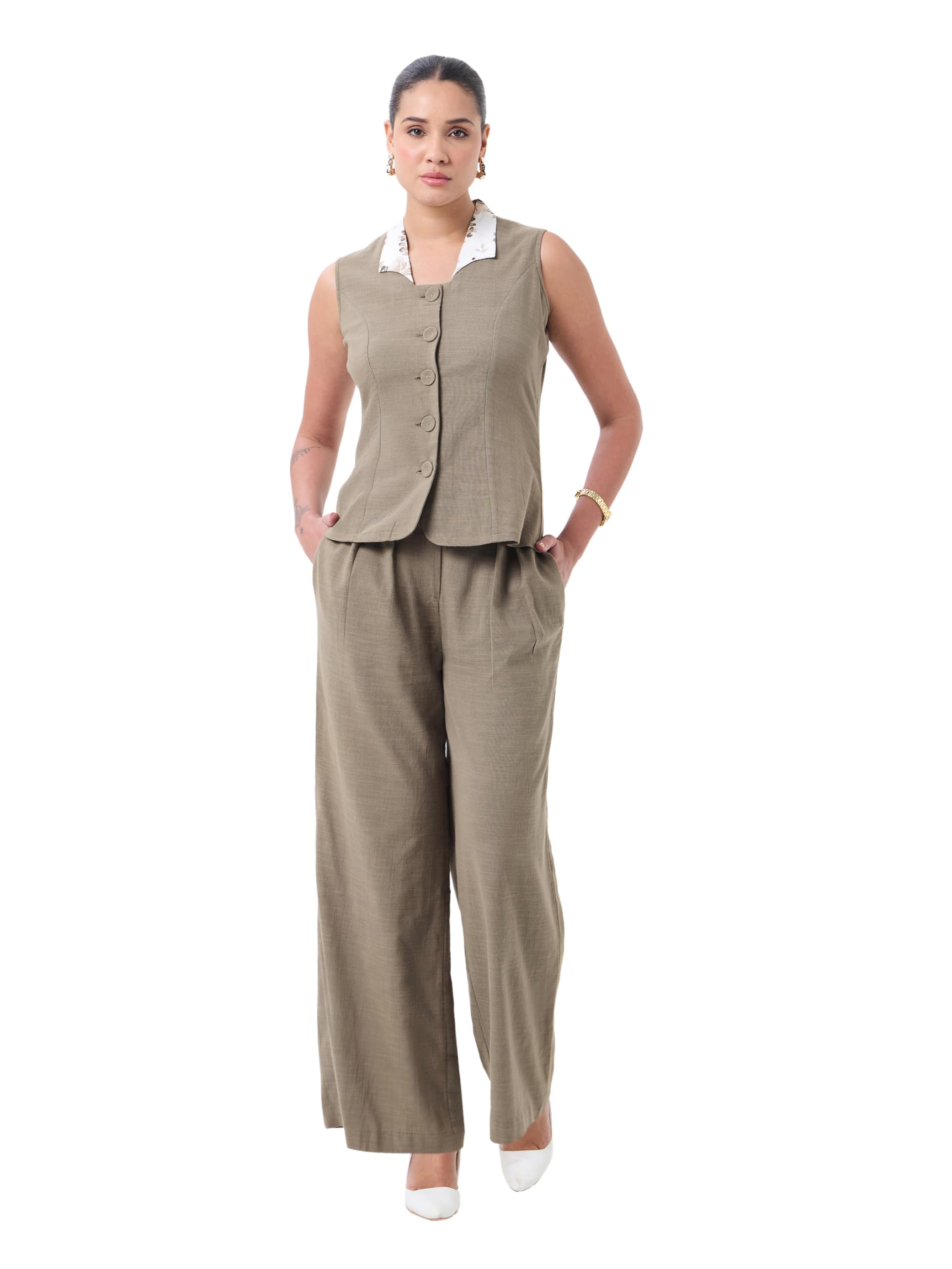 Women Green Cotton Slub Sleeveless Co-Ord Set | V-Neck Vest Top & Notch Collar with Flared Trousers with Waistband, Belt Loops & Side Pockets | Elegant Two-Piece Formal Office & Casual Wear Outfit-image-26