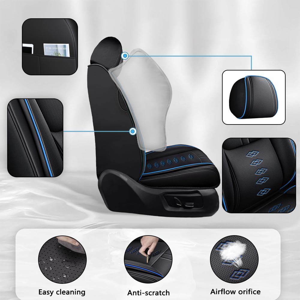 2 Front Car Seat Covers for Chevy Chevrolet Malibu 2007-2024 2025 Waterproof Seat Covers with Lumbar Support Nappa Leather Car Seat Cover for Chevy Chevrolet Malibu?Black&Blue-Deluxe?