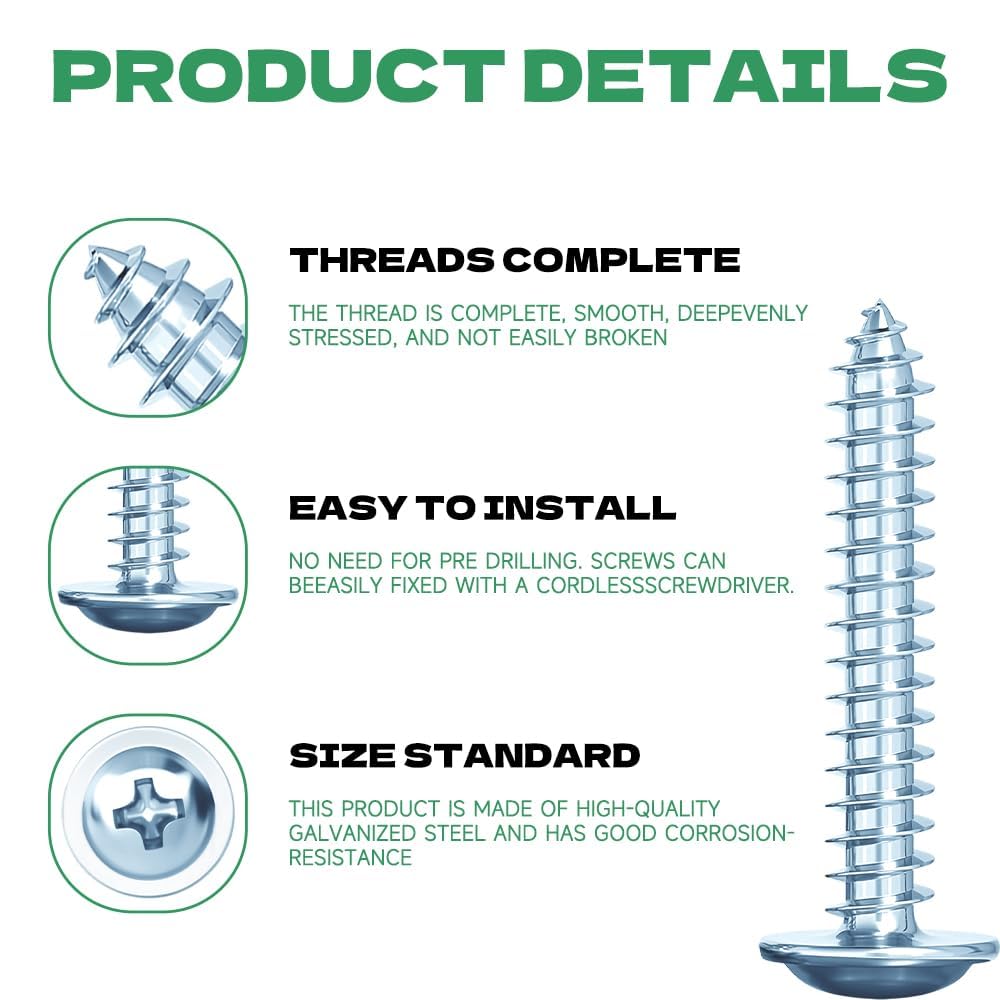 Jyvex 210pcs Pan Head Self-Tapping Screws, 4.2 x 16mm Flat & Wafer Head Carbon Steel Zinc Plated Wood Screws for Wood Plastic - Image 3
