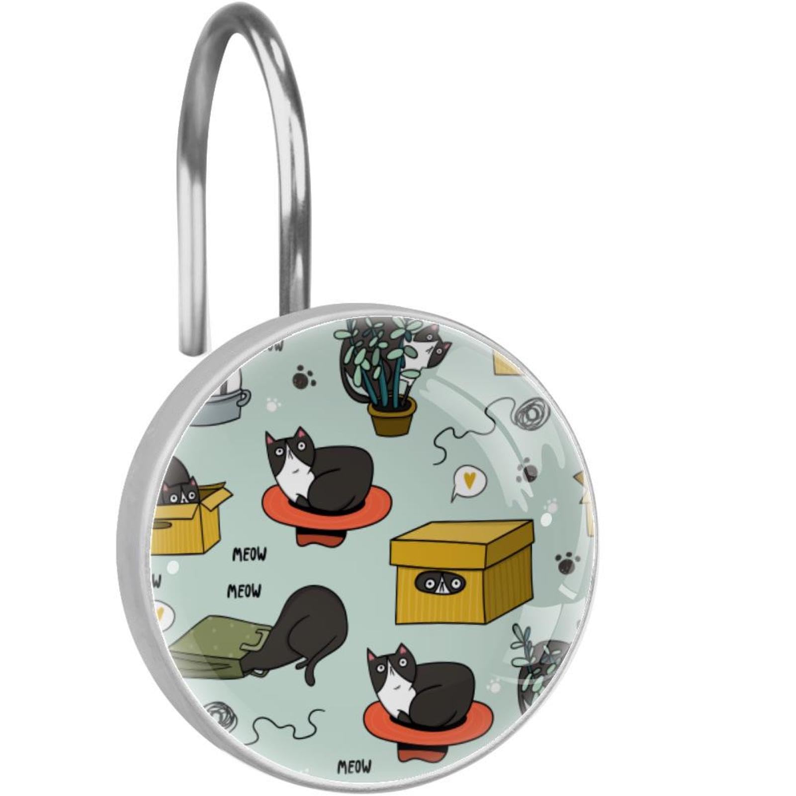 Anneaux de rideau de douche qui ne rouillent pas, motif chat rigolo