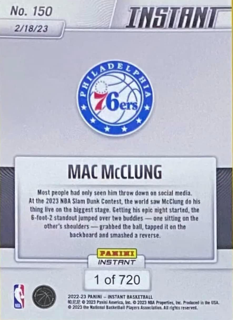 2022-23 Panini Instant Mac McClung ‘23 Slam Dunk Champion 5-Card Set -Highlighting his Dunks and Award- 2/18/23 Basketball Trading Cards- Philadelphia 76ers- Print Run of Only 720 Sets Produced! All 5 Cards shipped in Protective Screwdown Holders.