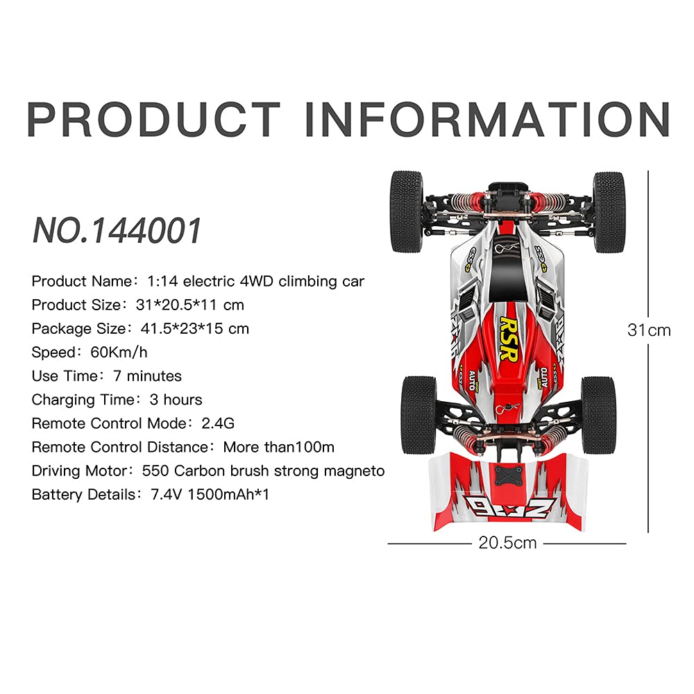 WLtoys 144001 zdalnie sterowany samochód 60 km/h, 1/14 RC samochód terenowy 4WD RC, wysoka prędkość Offroad Drift, bateria 2600 mAh, rozbudowa 45 min, przyjemność z jazdy, 3 baterie (czerwony)