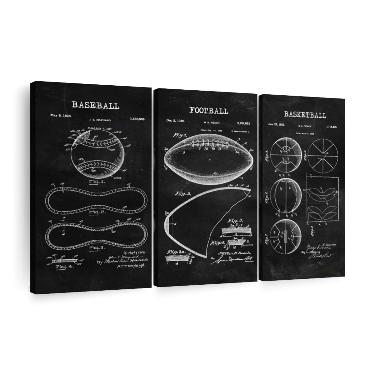 Elephant Stock Sports Balls Compilation BW Patent Multi Piece Canvas - 3 Panel Wall Art Decor - Decorations for Boys - Sports Patent Wall Art and Office Decor - 23
