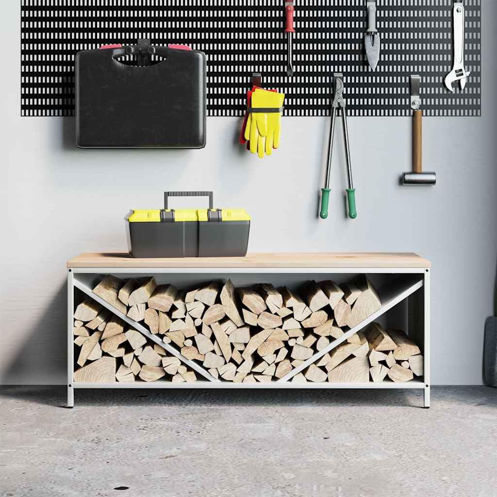 Brennholzregal mit Holzplatte Weiß aus kaltgewalztem Stahl 100,5x35,5x40 cm, stabiles Kaminholzregal für Wohnzimmer und Terrasse, Holzlagerung und Ablage, Holzständer für Brennholz-Ordnung
