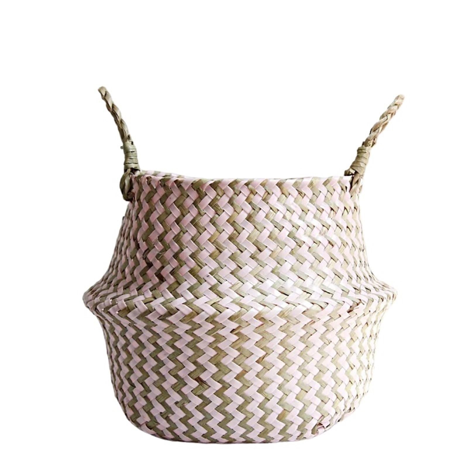 DUNSBY Woven Planter 3 Pcs Striped Wicker Storage Baskets Handmade Collapsible Laundry Basket Patchwork Seaweed Flower Belly Garden Pot(Pink and brown,27cmX24cm)