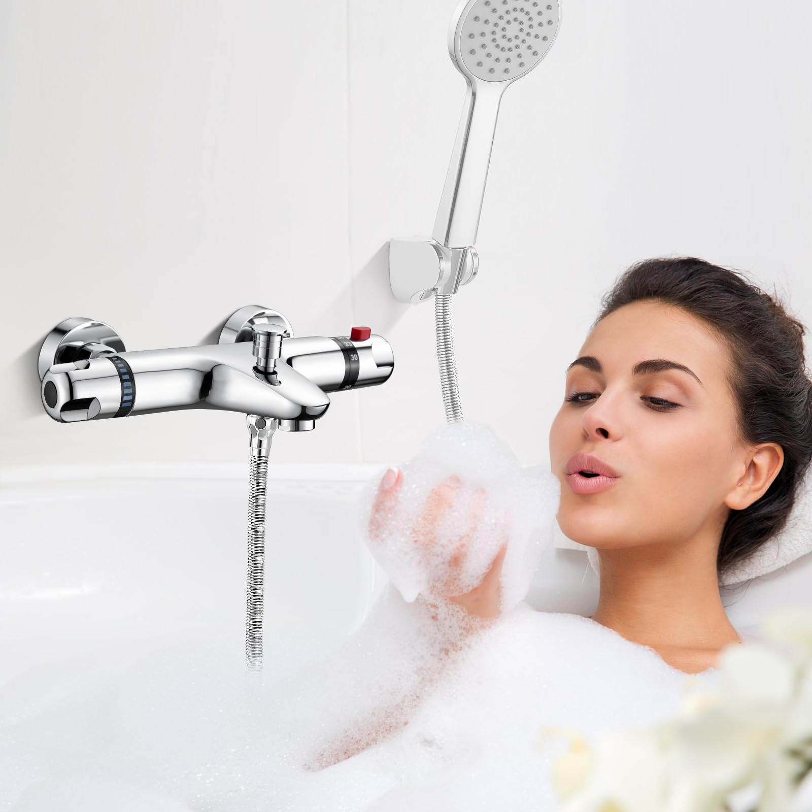 Grifo mezclador termostático de ducha para baño, montaje en pared, 150 mm, grifo mezclador termostático para ducha, grifos de baño con boquilla de llenado de bañera, latón, seguridad a 38 °C
