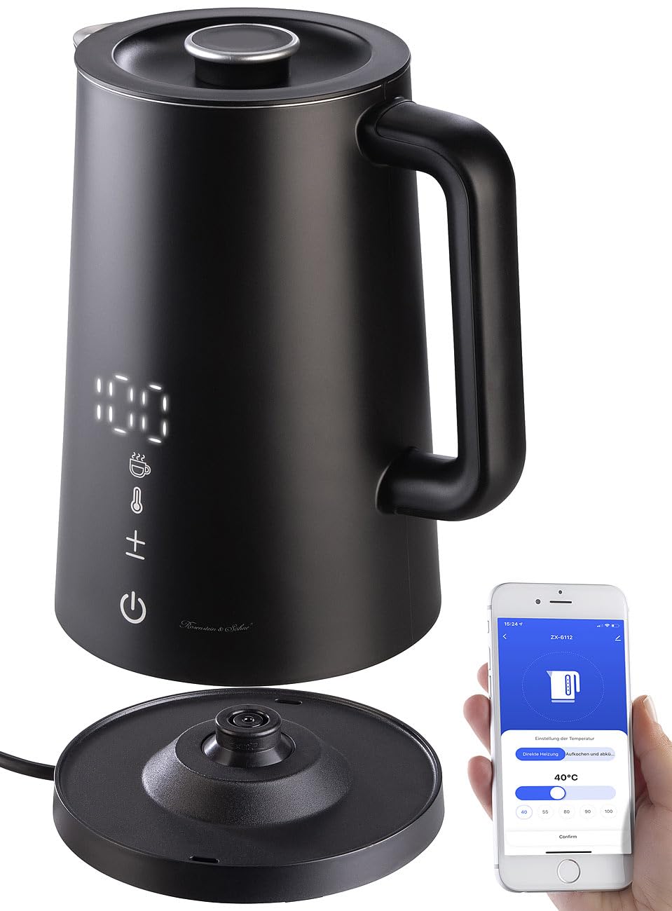 Rosenstein & Söhne Bollitore elettrico smart WLAN 1,7 l Cool-Touch con controllo app, display LED e selezione temperatura, nero
