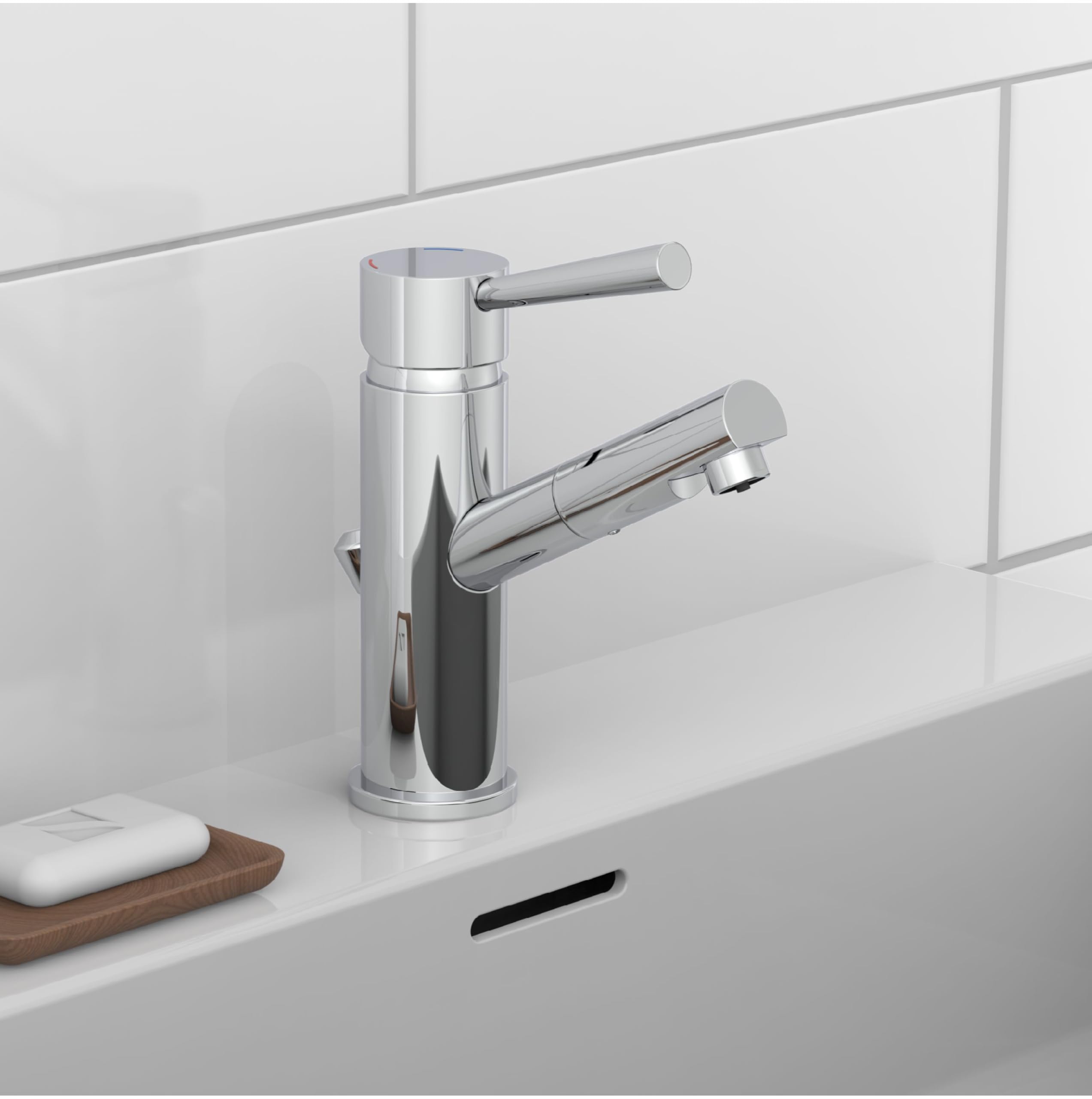 Mezclador de lavabo SCHÜTTE CORNWALL de baja presión, mezclador de baño, monomando con desagüe automático, cromado