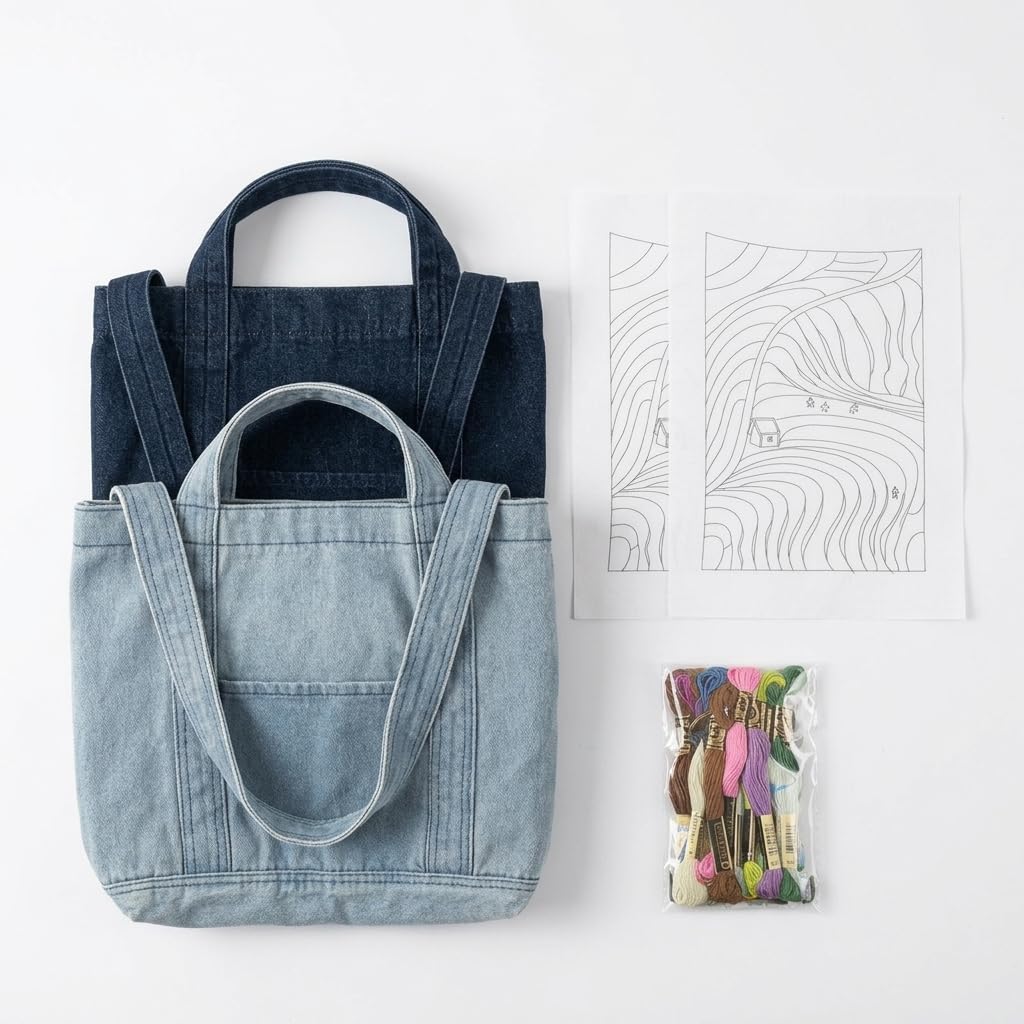 Yunmeryker Kit Ricamo Fai da Te per Principianti, Kit da Borsa in Tela con Strumenti e Istruzioni, Borsa fai da te in denim chiaro e scuro (due pezzi), senza telaio da ricamo