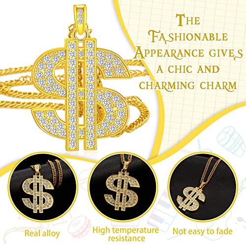 24 Pcs Gold Dollar Sign Chain for Men Hip Hop Dollar Necklace Gold Necklace Dollar Sign Necklaces for Men Rapper Halloween, 27.6 Inch Long3