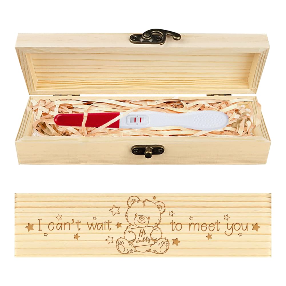 CHGCRAFT Teddy Bear and Star Pattern Wooden Pregnancy Test Keepsake Box Pregnancy Announcement Gift Box with Raffia Ribbon and Lock, for Expecting Dad Husband Announcement Gifts 8x2x1.2 Inch